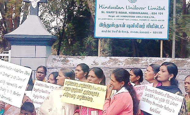 Protesters stage a demonstration in front of the closed HUL thermometer factory in Kodaikanal. Protesters stage a demonstration in front of the closed HUL thermometer factory in Kodaikanal.